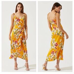 NWT ASTR Mustard Yellow Floral Satin Wrap Ruffle Midi Dress Tie Straps Size XS